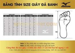 giao diện app bảng size giày đá bóng mizuno